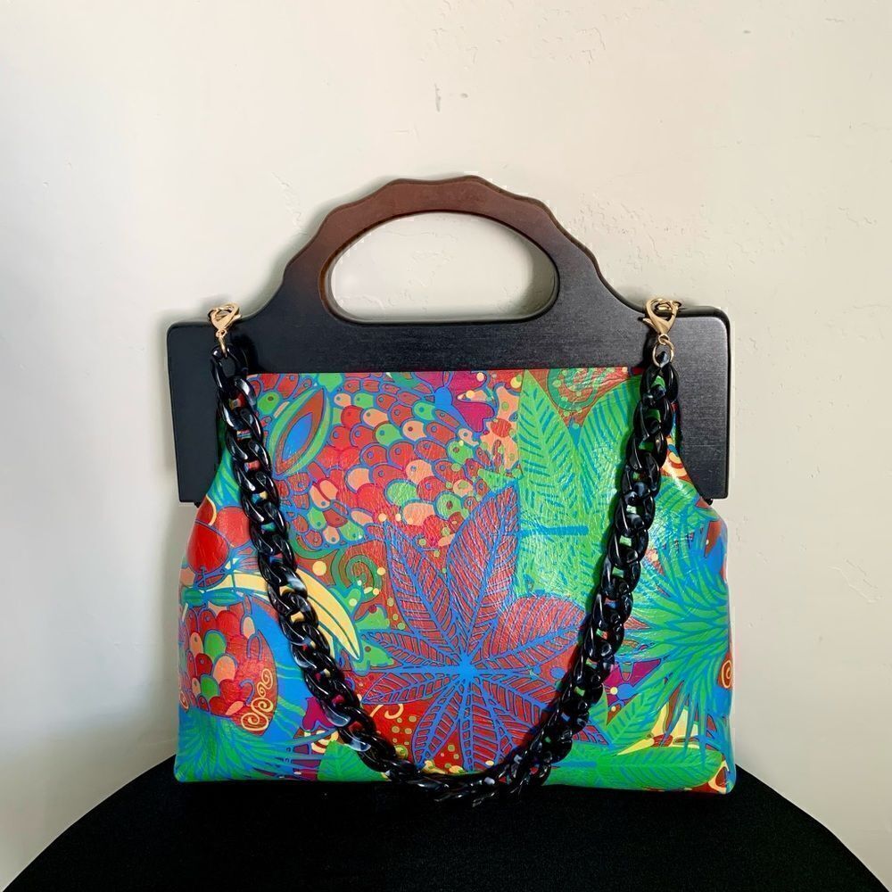 Genuine Leather Fruit Printed Gradient Color Wood Handle bag & 2 Chain Styles